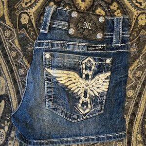 Miss Me 30 Blue Denim Shorts  with leather and rhinestones Wing Embellishment